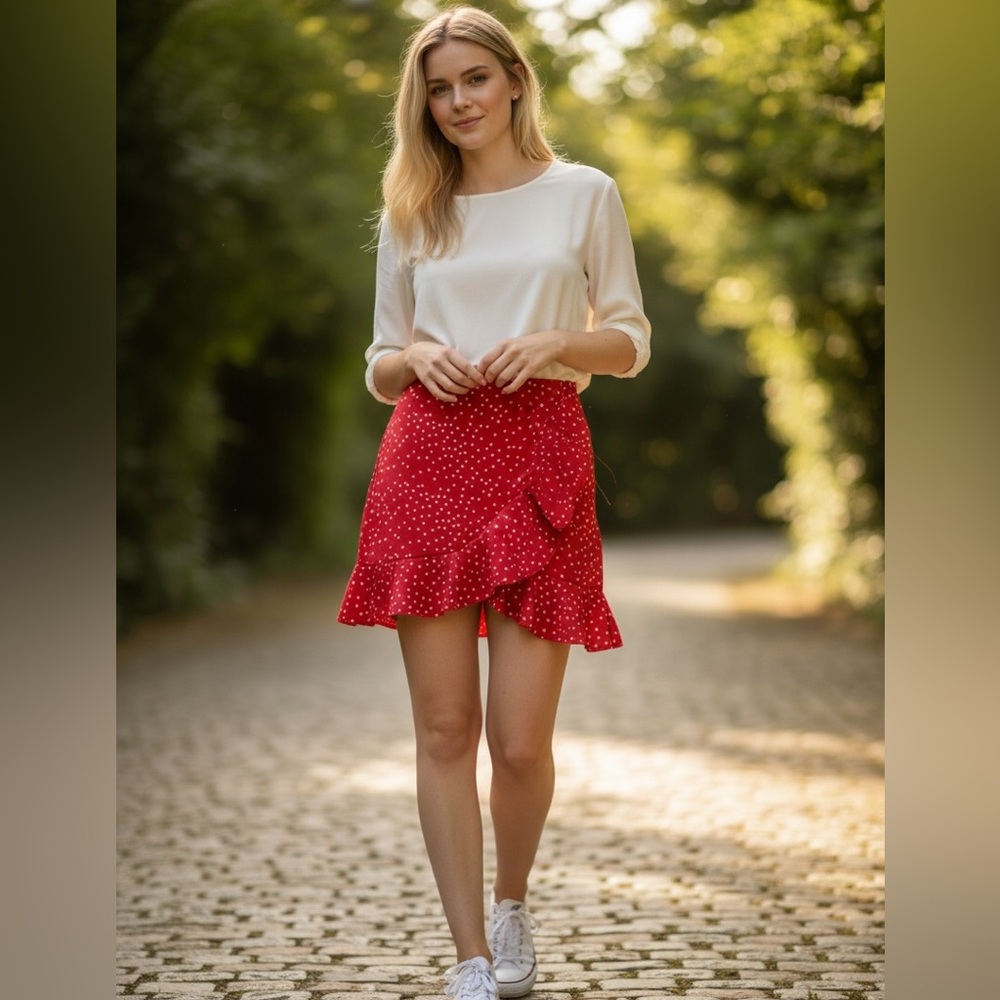 ROMWE Red & White Stars Flutter Mini Skirt